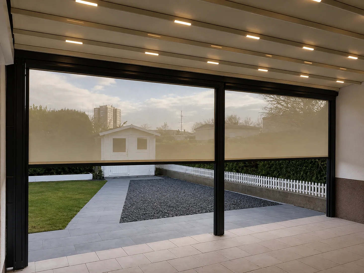 Visualisierung: Überdachte Terrasse mit Screens und LED-Lichtlinien, Blick in den Garten